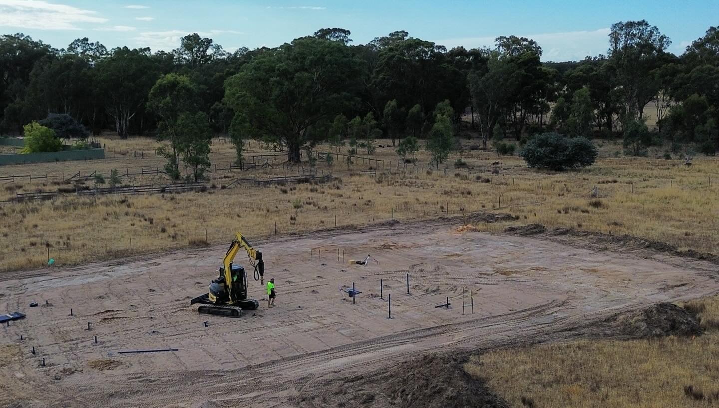 Aerial view of a Total Piling install on a rural Victorian site, showing the scale of work the team delivers from Melbourne to the Murray