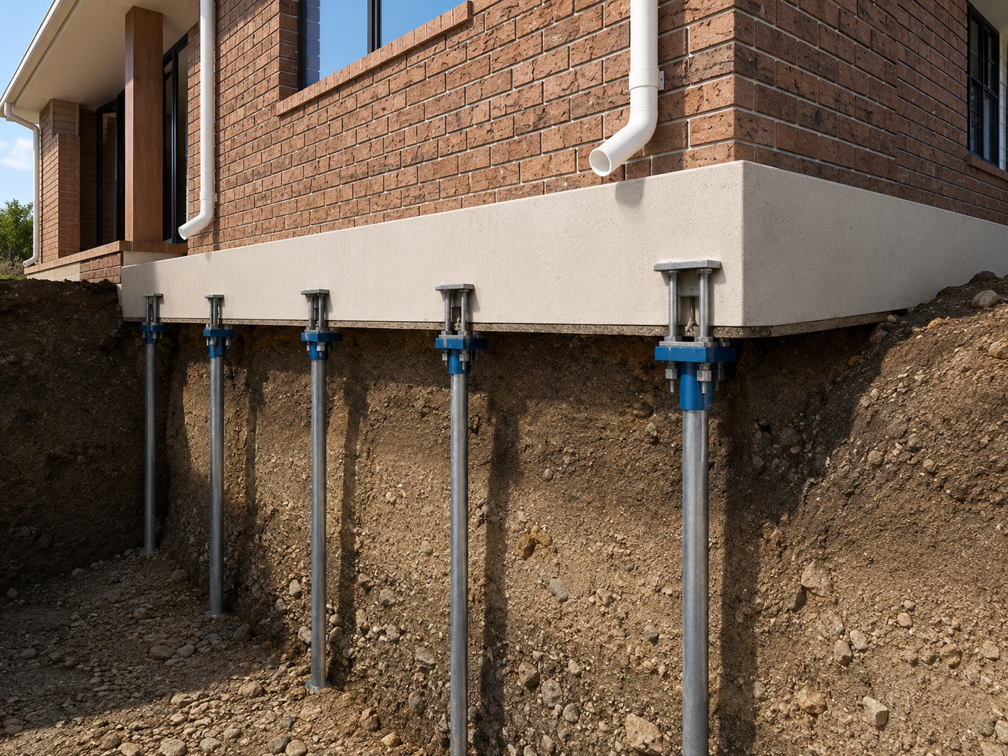 Screw pile underpinning supporting the footing of a Melbourne brick home, piles driven to load-bearing depth around the existing foundation